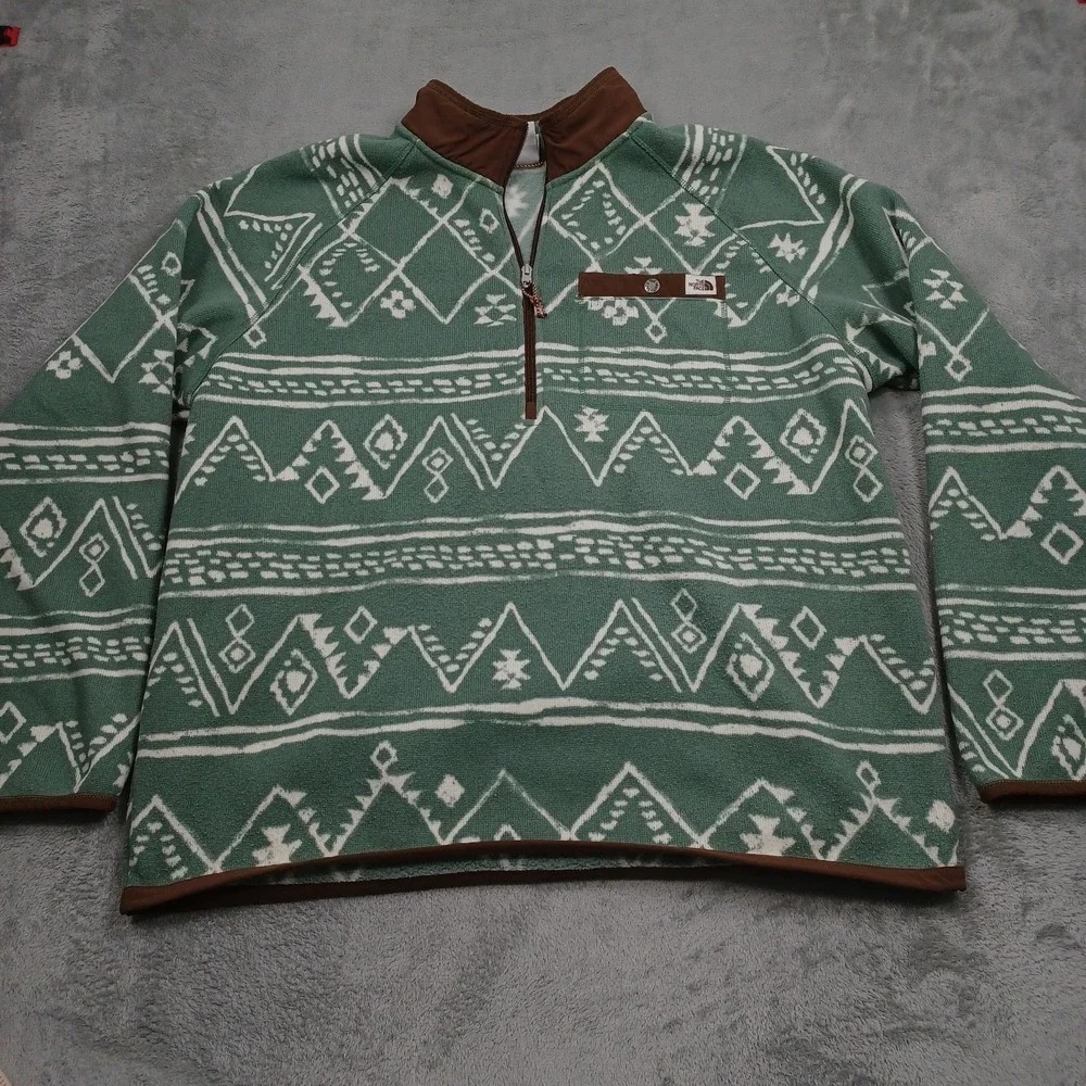 North Face Sweater Mens XXL Green Geometric Fleece 1/4 Zip Pullover‎ Pocket